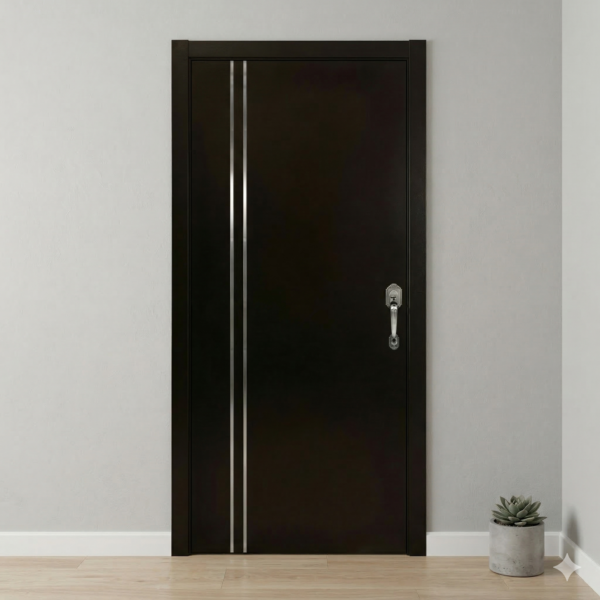 Puerta de Acero Lisa Chocolate con 2 Soleras de Aluminio Verticales 90cm