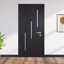 Puerta de Acero Lisa Chocolate con 3 Vitrales Verticales 90cm Puerta de Acero Lisa Chocolate con 3 Vitrales Verticales 90cm