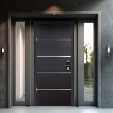 Puerta de Acero Lisa Chocolate con 4 Soleras de Aluminio Horizontales 90cm